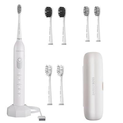 BarberBoss Cepillo Eléctrico Cepillo de dientes sónico 5 modos cepillado 6 cabezales sensor de presión temporizador inteligente y estuche de viaje Blanco