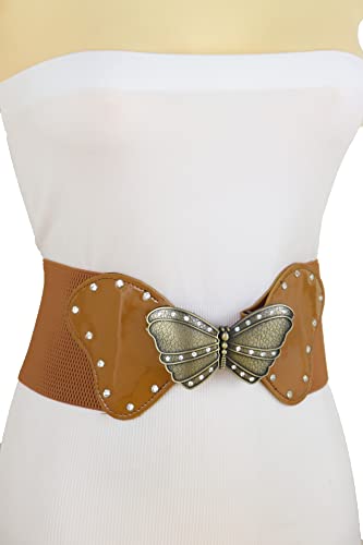TrendyFashionJewelry Women Fashion Elastic Wide Waistband Belt Hip High Waist Gold Metal Butterfly Buckle S M , Black + Gold3