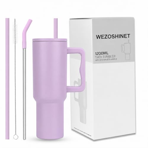 Image of WEZOSHINET 1200ml Stainless Steel Tumbler with Handle & Straw, Double Wall Vacuum Insulated Travel Mug with Spill Proof Lid, Reusable Sipper Cup for Hot & Cold Drinks (Purple)