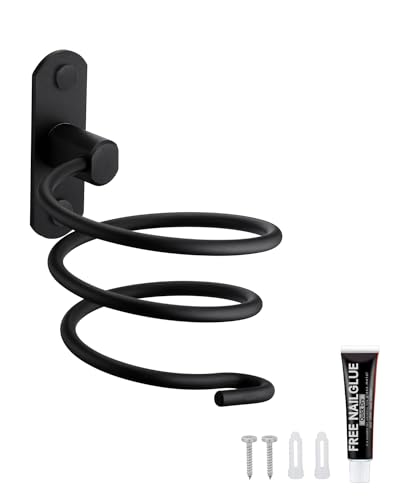 Kindrino Soporte para Secador Aluminio Montado En La Pared Soporte Plancha Pelo con Organizador de Cables para Almacenar Secador de Pelo Negro