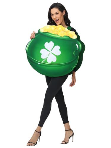 Seasons Adult Pot of Gold Costume, Novelty St. Patrick's Day Dress Up, Green Leprechaun Lucky Clover Outfit, One Size
