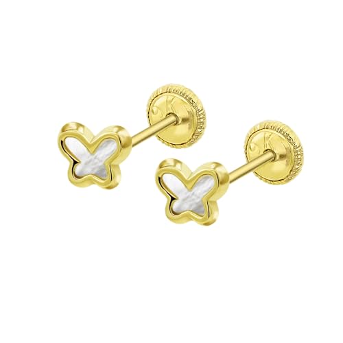 TIME ROAD Pendientes Bebé Niña de Oro 9K HIN00332/6 - Cierre Seguro de Rosca - Pendientes de Mariposa 6 mm - Infantil 3, 6, 12 a 24 meses - Ideal como Regalo de Nacimiento, Bautizo o Cumpleaños