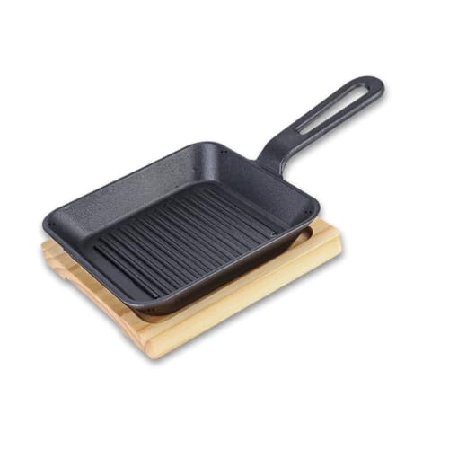 XINGKAIXI cast iron pan square pan with a handle, easy to use, with a wood-colored base (15.7cm*15.7cm)