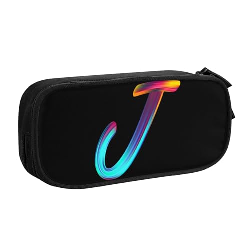 Cute Initial Pencil Case for Kids Students, Large Capacity Pencil Pouch for Boys Girls, Letter Design Pencil Box Pen Bag Office Stationery Organizer, Rainbow Letter J