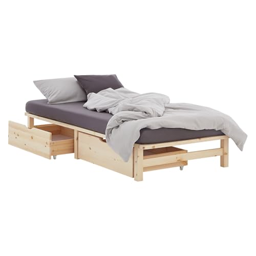 Homestyle4u Massivholzbett 90x200 mit Schubladen Palettenbett Matratze Holzbett mit Stauraum Kiefer Natur Gästebett