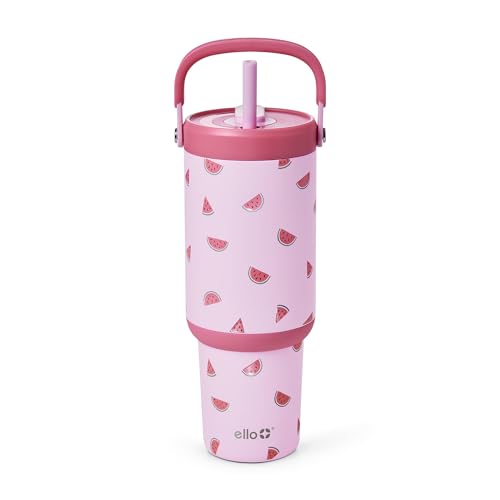 Image of Ello Oasis Go+ 32oz Tumbler with Top Handle and Retracting Straw | Reusable Insulated Stainless Steel Cup, 100% Leakproof Water Bottle, 24 Hours Cold, Cup Holder Friendly For Travel | One In a Melon