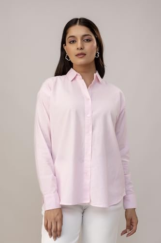 Image of Women's Linen Blend Shirt | Casual Collared Button Down Shirt for Women | Solid Color Full Sleeve Oversized Fit | Summer Casual & Office Wear Top