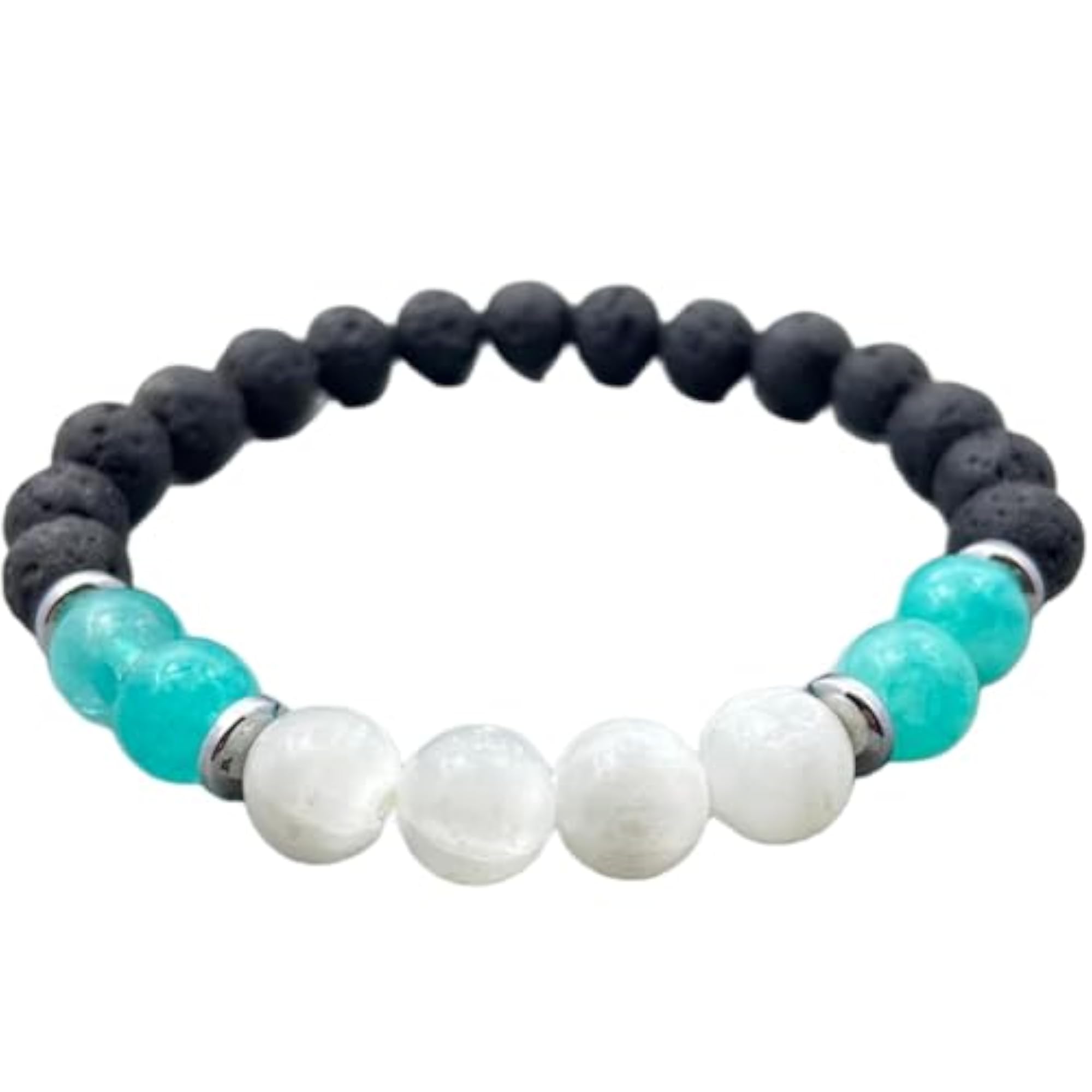 Natural Selenite & Black Lava 8mm Round Bead Stretchable Bracelet, Unisex