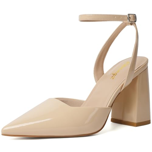 RIBONGZ Block Nude Heels for Women Closed Pointed Toe...