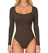 OQQ Women Bodysuit Contrast-Trim Square Neck Long Sleeve Stretch Bodysuit Tops