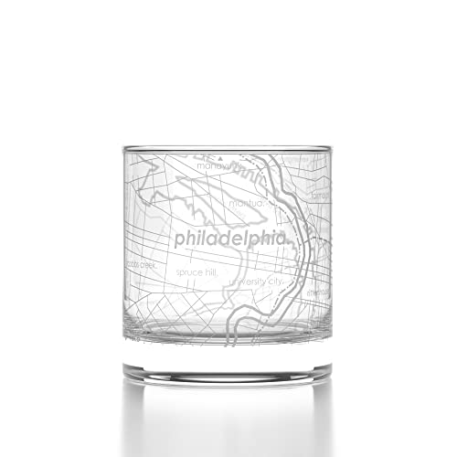 Well Told Engraved Philadelphia Pennsylvania Map Rocks Glass, Old Fashioned Whiskey Glass (11 oz, Clear) Etched Whiskey Glass, Gifts For Whiskey Lovers