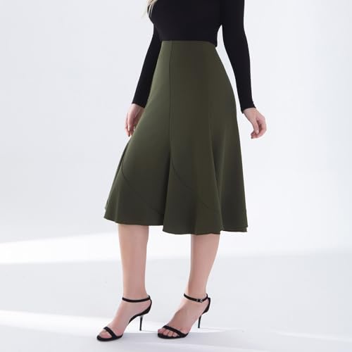 Women's A-Line High Waist Flare Work Midi Knee Length Stretchy Skirt Elegant Flared Skirt for Office and Casual2