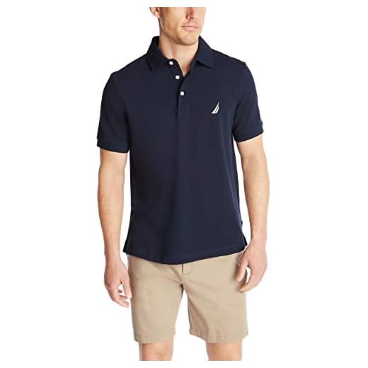 Nautica Camisa polo masculina de piquê de algodão elástico e manga curta, Azul marino, M