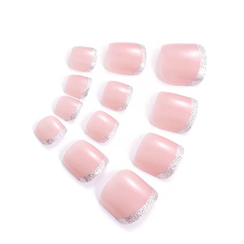 Handcess French False Toenails Nude Glossy Press on Toe Nail Ballerina Fake Toe Nails Full Cover Acrylic Toe Nail Art Tips for Women Girls 24Pcs - Image 4