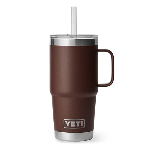 Image of YETI Rambler 25 oz Tumbler with Handle and Straw Lid, Travel Mug Water Tumbler, Vacuum Insulated Cup with Handle, Stainless Steel, Wetlands Brown