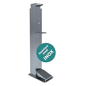 Outdoor desinfectiezuil van roestvrij staal, kleur grijs, voor elk 1 liter middel met voetpedaal en opvangbak