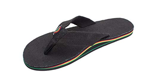 Rainbow Sandals Women's Single Layer Hemp, Black w/Rasta Mid Sole, Ladies, Medium 6.5-7.5 D(M) US
