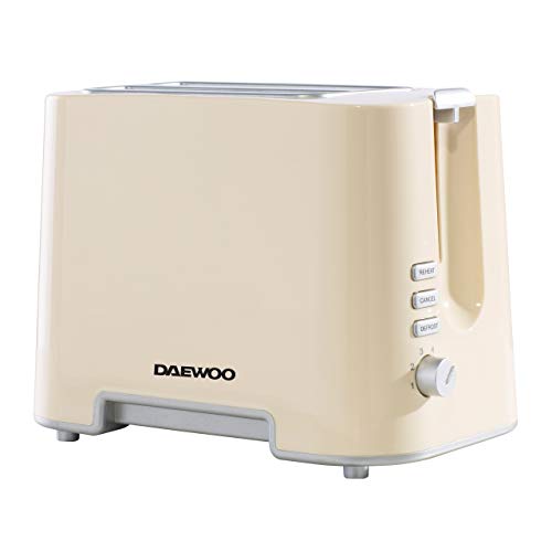 Daewoo Tostadora de plástico cromado, 2 rebanadas, bandeja extraíble para migas, controles de dorado, color crema