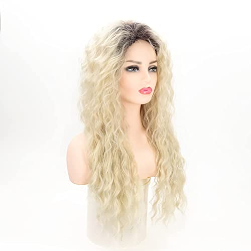 Fencca Long Curly Wavy Wig Ombre Platinum Blonde Wigs For Women Loose Wave Hair Glueless Heat Resistant Synthetic Wigs For Daily Party Use #TOP2