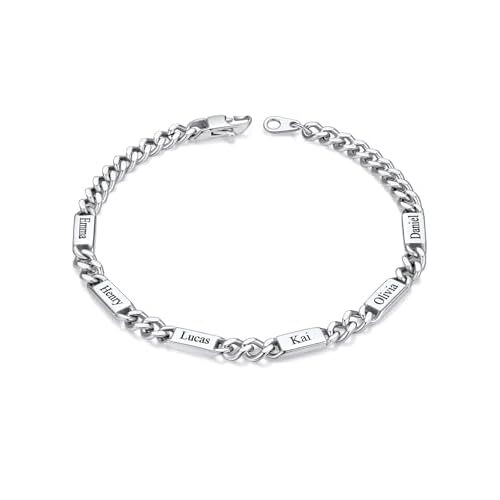 Custom4U Personalized Cuban Link Bracelet for Men, 5mm/7mm/9mm Width 1-6 Names Engraved Stainless Steel Customized Chain Silver Bracelet Jewelry Gifts for Men Women Mom Dad Husband Father a.