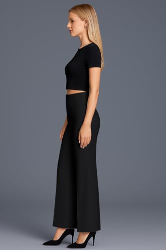 Image of SWADESI STUFF Women's High Waisted Bell Bottom Pants | Retro Wide Leg Trousers | Stretchy Flared Palazzo Pants for Office, Casual Wear & Party