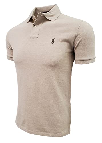 Image of Polo Ralph Lauren Mens Custom Slim Fit Mesh Polo Shirt (Medium, Dune Tan Heather (Brown Pony))