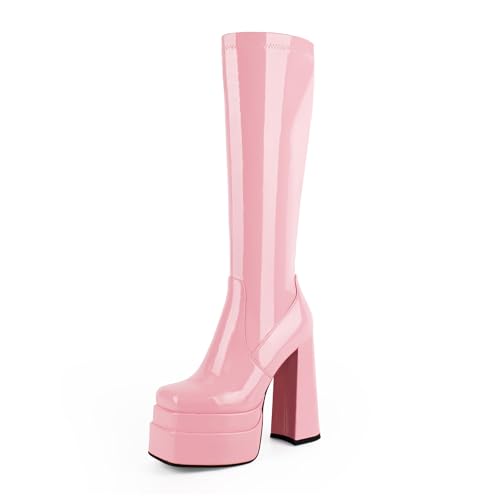 Wetkiss Knee High Pink Platform Boots - Women's Chunky Tall Patent Leather Square Toe 70s Boots
