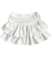 RoseSeek Women's Tiered Layer Shirred Boho Skirts Casual Smocked Ruffle Trim Ruched Mini Skirt