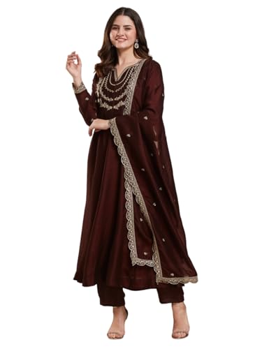 Image of MOKOSH Women's Silk Embroidery Anarkali Kurta Pant with Dupatta | Women's Anarkali Kurta Set | 3 Piece Ethnic Outfit with Dupatta | Round Neck Full Sleeve