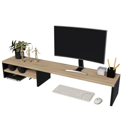 Suporte Monitor Notebook Mesa Tela Madeira MDP 100cm Ergonômico Preto ou Preta e Mel