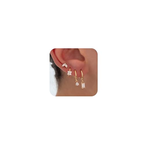 SONNYX 3-4 Pairs Dainty Gold Earrings Set for Women Sensitive Ears -Hypoallergenic 14K Gold Earring Sets for Multiple Piercing- Dangle Huggie Hoop Cartilage Stud Earrings Stacks