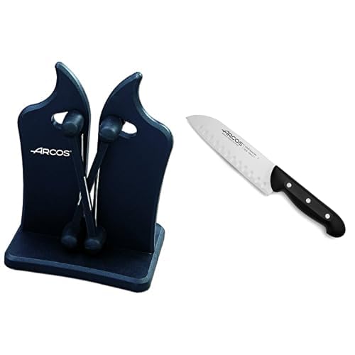 ARCOS Maître Set d'Entretien Asiatique - 2 Pièces : Couteau Santoku Alvéolé 170mm et Affûteur de Couteaux Manuel Professionnel Noir en ABS - Kit Coupe et Soin des Lames Quotidien