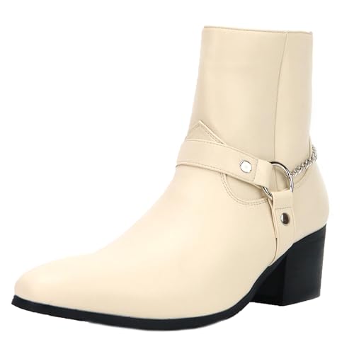 Men's Leather Chunky Heel Chelsea Boots Belt Buckle Chain Strap Casual Pointy Toe Side Zipper High Heel Boots Western Formal Dress Ankle Boots