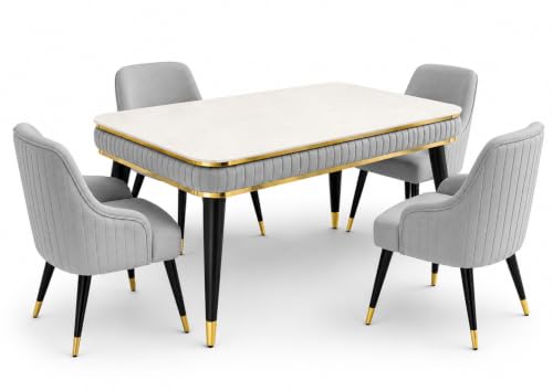Image of WOODEN SPACE 4 Seater Wooden Dining Table Set | Urban Marble Top Dining Table with Chairs for Dining Room & Kitchen (Modern Zyro Light Grey) (54 x 36 x 30 inch)