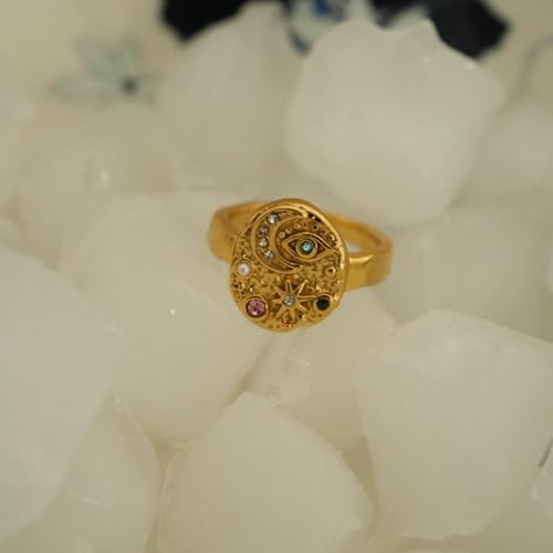 LUVA Moon Star Evil Eye Ring, 18K Gold Plated Stainless Steel Ring, Celestial Gemstone Ring For Women, Statement Ring, Waterproof, Anti Tarnish, Mystic Jewelry4