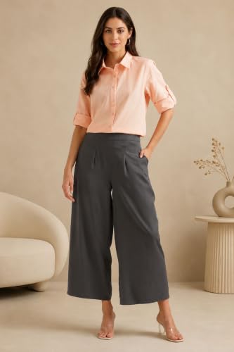 Image of SAADAA Palazzo Pants for Women Half-Elasticated Waistband | Palazzo for Women in Soft Viscose Fabric | Regular Fit with Mid Rise Waist & Deep Pockets | Versatile for Formal & Casual Wear