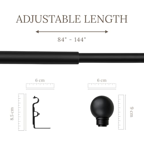 Image of 84 inch-144 inch Adjustable Double Curtain Rod For Door & Windows With Brackets Set Curtains Hanging Extendable Iron Metal Pipe Holder With Ross Grey Metal Finial (Black, 0.78 inch Diameter)