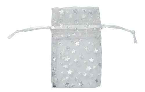 boxdisplays 12 x Organza Drawstring Pouches - White with Silver Stars (130mm x 150mm) from 24p Each -BM1294-1