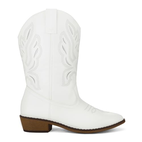 mysoft Women's Wide Calf Cowboy Boots Pull-On Mid-Calf Embroidered Pointed Toe Retro Western Boots4