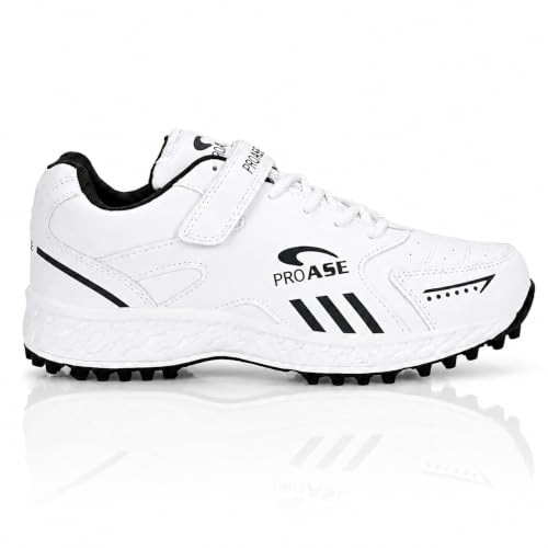 Image of Pro ASE Lightweight Cricket Shoes - Durable & Comfortable | Ideal for Turf, Ground & Hard Surfaces | Allrounder Design with Studs, Velcro & Superior Grip | White, Blue, Grey