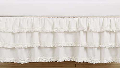 Image of Sweet Jojo Designs Ivory Boho Bohemian Girl Baby Nursery Crib Bed Skirt Dust Ruffle - Neutral Solid Color Beige Cream Off White Farmhouse Chic Minimalist Tassel Fringe Macrame Cotton Ruffle
