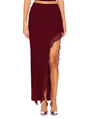 SEBOWEL Nätkjol för damer, elegant volang, maxikjol, asymmetrisk festkjol, festival, kjol, grön, Vinröd, L