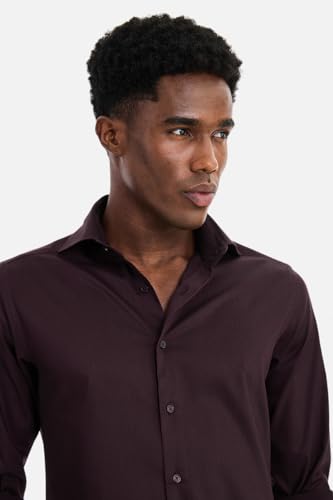 Image of SNITCH Men Formal Shirt | Tailored Slim Fit Full Sleeve Spread Collar Solid Style | Breathable Polyester Viscose Blend Twill Fabric for Office & Evening