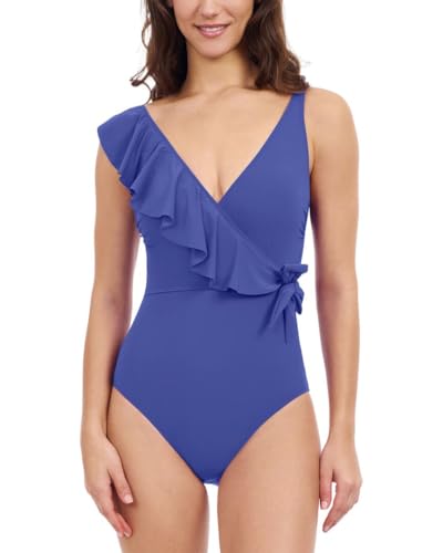 Profile by Gottex Tutti Frutti Solid Women's One Shoulder Ruffle V Neck One Piece Swimsuit with Soft Cups - Swim Essential