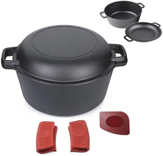 Pinnacle Cookware  4.7 Litre / 5 Quart Pre-Seasoned Cast Iron Double Dutch Oven/Casserole Dish | Dual Function Skillet Lid | 2 in 1 Cooking Set | Cast Iron Pot | Camping | Handle Covers & Scraper