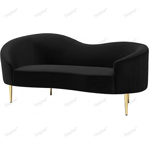 Image of Rosewood Luxury Curved Sofa in Premium Velvet-Fabric | Solid Wood Structure | High Density Foam | Sturdy Golden Legs | Comfortable & Stylish Couch for Living Room (Black, 2 Seater)
