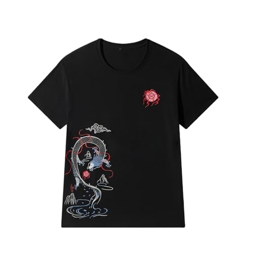T-shirt col rond homme en coton lourd avec broderies artisanales de style chinois