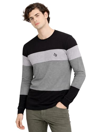 Image of ADRO Men's Full Sleeve T-Shirt Navy Grey Colorblock | Cotton Round Neck Casual Tshirt | Regular Fit Stylish T Shirt