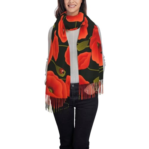 Poppy Flowers Print Women'S Fringed Scarf Soft Lightweight Polyester Tassel Scarf Fall Winter Fashion