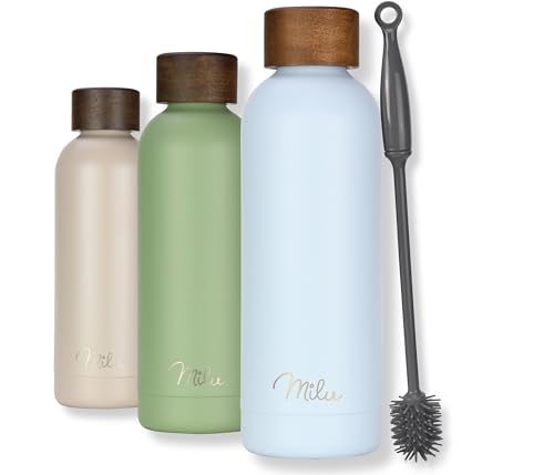 Milu Stainless Steel Water Bottle 500ml Vaccum Insulated Large Drink Flask Water Bottles Leakproof Keep Drinks Hot Cold for Bike Camping Sports Gym - incl. cleaning brush (Baby blue, 500ml)